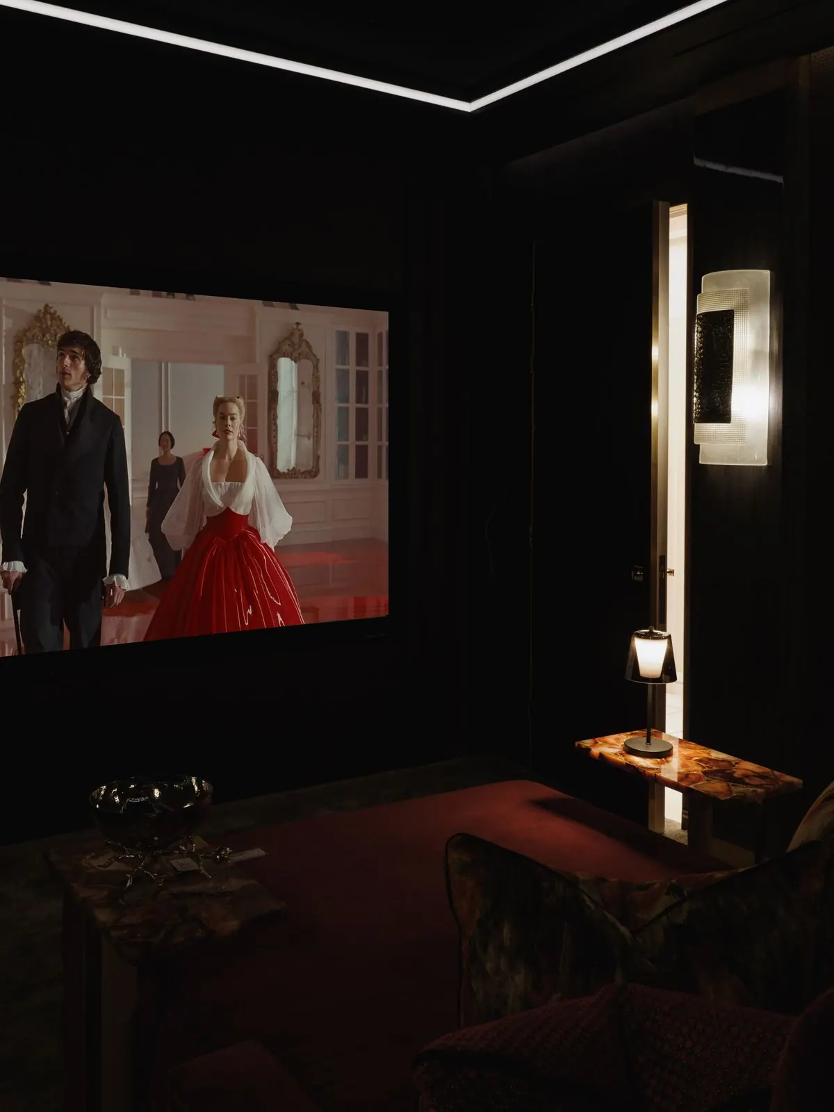 Private cinema with the screen lit