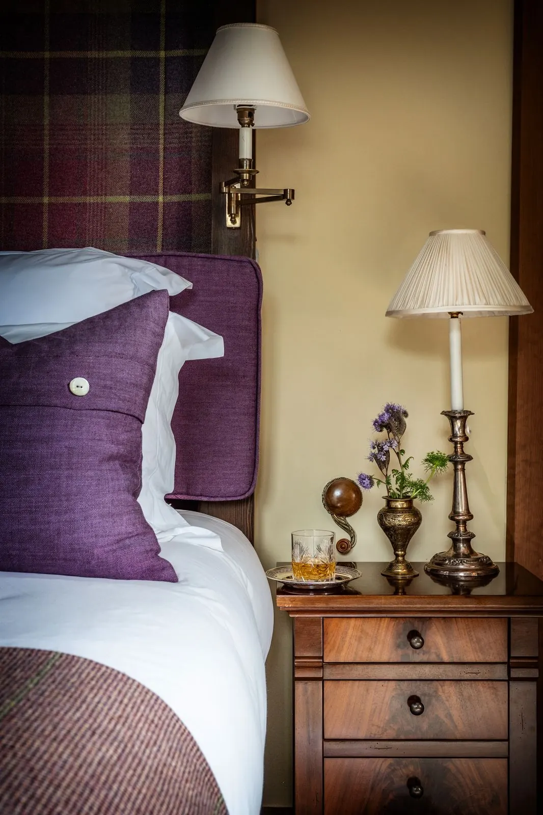 Bedside with tartan headboard