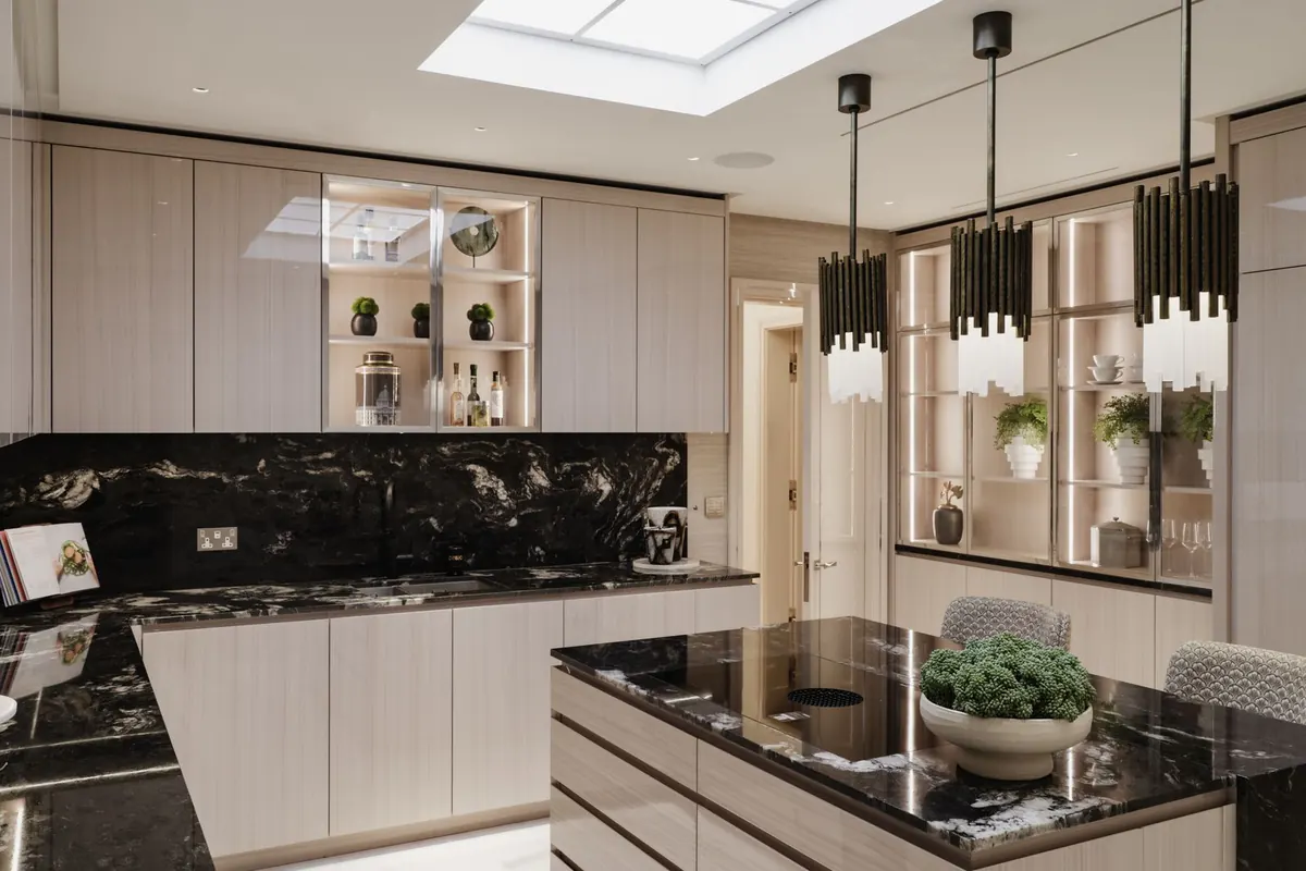 Kitchen with lit display shelving